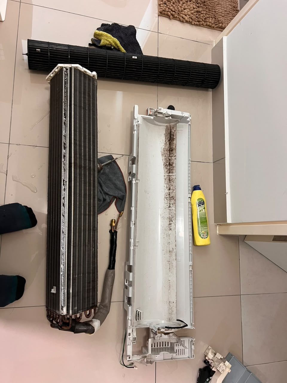 Mould streak inside an aircond casing before cleaning
